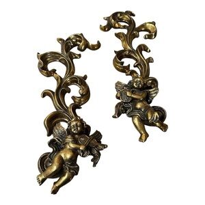 Vintage Gold Cherub Angel Wall Resin Plaques Decor Set of 2 14” X 4”